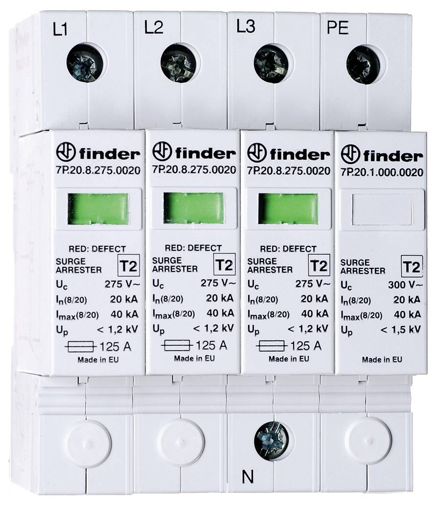 Überspannungsableiter mit grünen Betriebsindikatoren und Beschriftung L1, L2, L3, PE, N. Handhabt Spannungs- und Stromschutz.