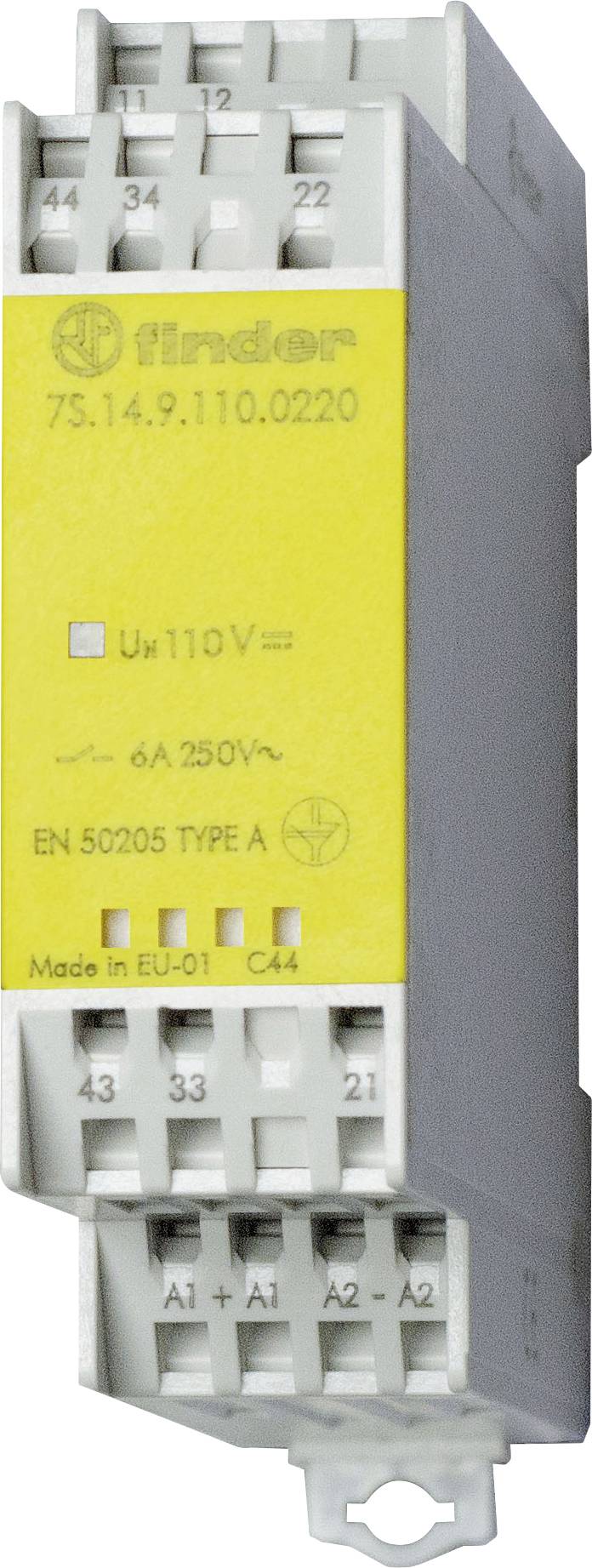 Ein Finder-Relaismodul, Modell 75.14.9.110.0220, mit einem gelben Etikett, auf dem „110V