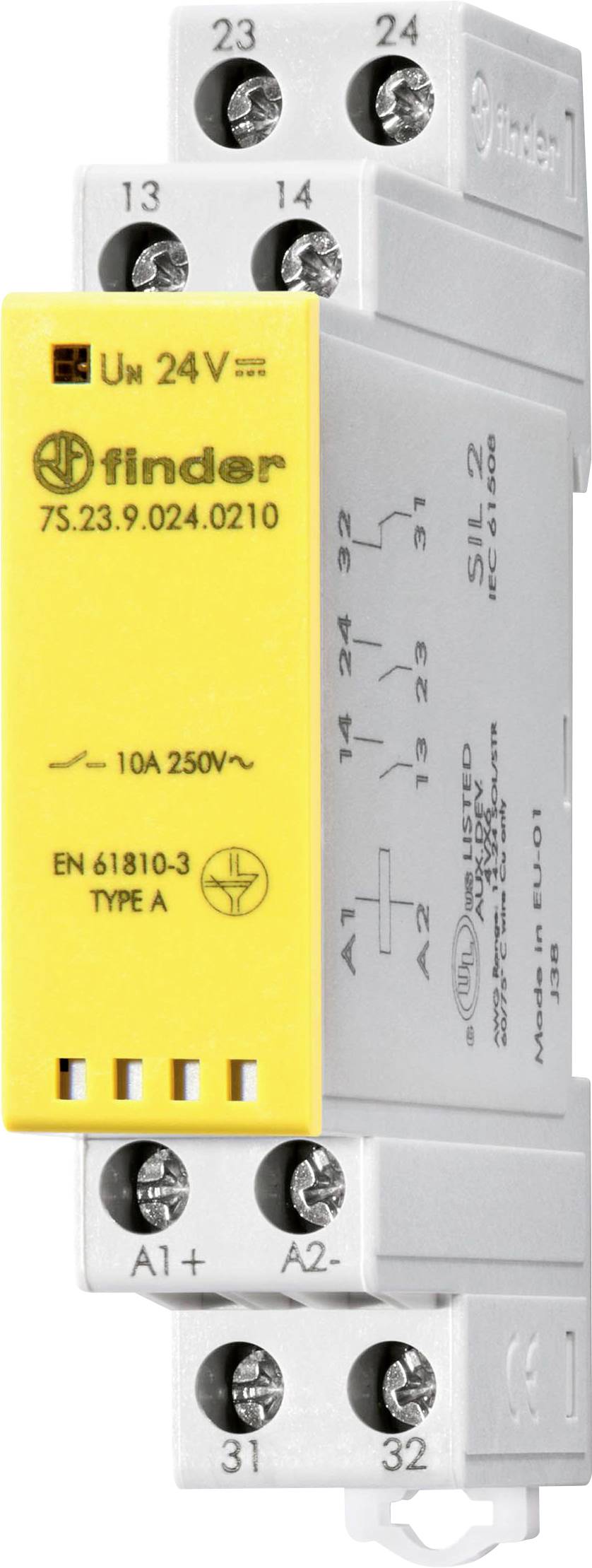 Finder-Relais mit gelbem Frontdeckel, zeigt Typ und Spezifikationen: 10A 250V, EN 61810-3, Typ A. Schaltplan der Kontakte und Klemmen sichtbar.
