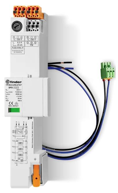 Ein elektronisches Gerät mit Anschlussklemmen und einem Schaltplan auf der Vorderseite, wahrscheinlich ein elektrisches Bauteil oder ein Überspannungsschutzgerät.