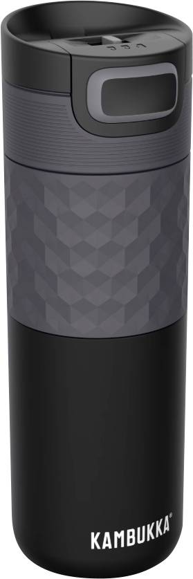 Eine schwarz-graue isolierte Reiseflasche mit strukturierter Grifffläche und aufschiebbarem Deckel. Die Marke „Kambukka