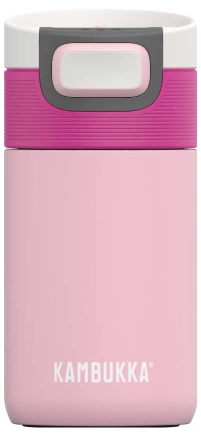 Eine rosa Kambukka-Reisebecher mit rosa Deckel und Druckknopfverschluss, geeignet für heiße und kalte Getränke.