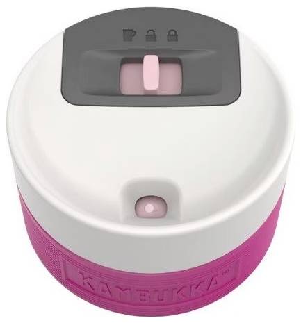 Ein rosa-weißer Deckel mit einem grauen Schieber, beschriftet mit Symbolen für geschlossen, offen und teilweise offen, passt auf ein Glas oder eine Flasche.