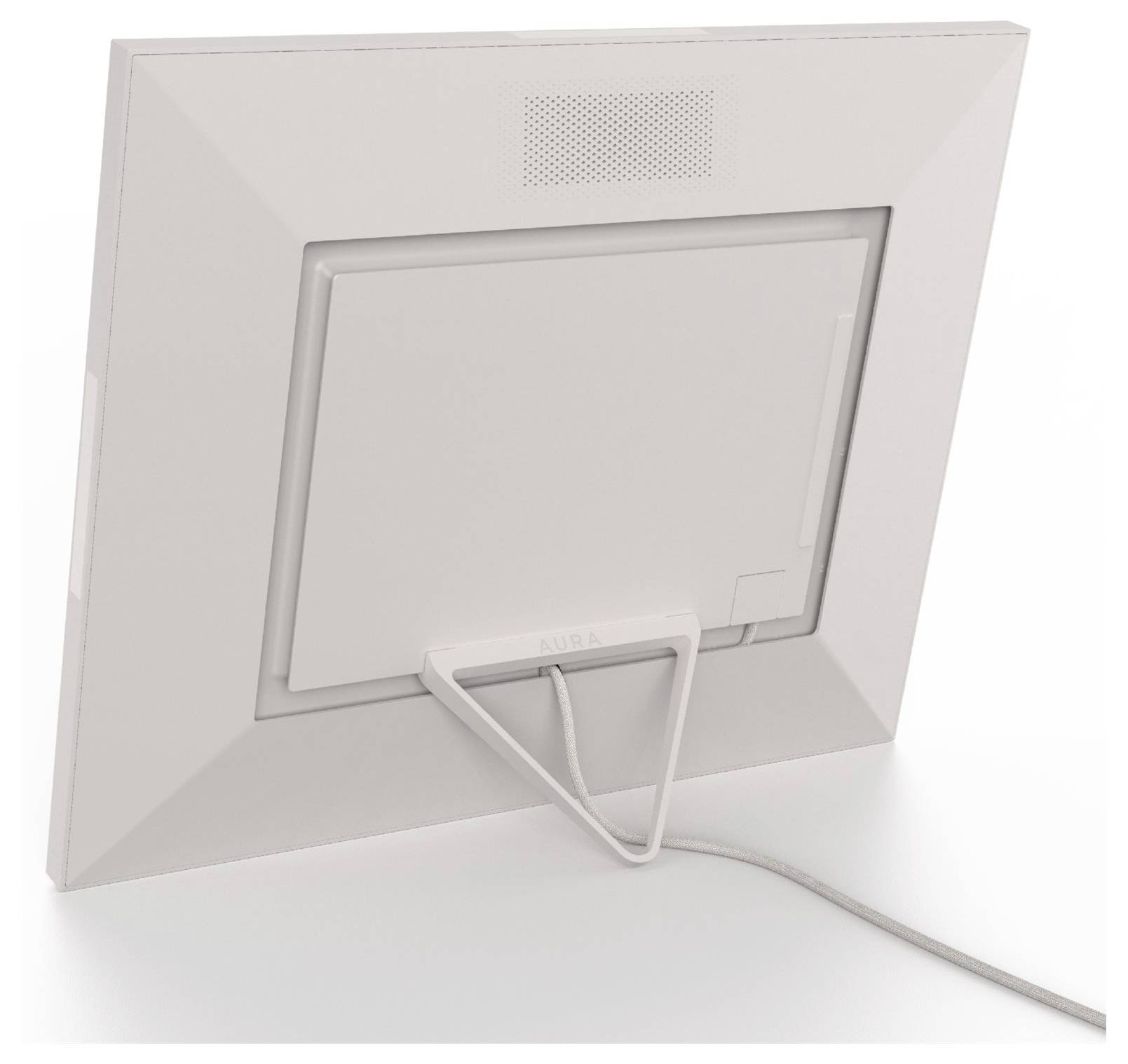 Das Bild zeigt die Rückansicht eines digitalen Bilderrahmens mit einem Ständer und einem angeschlossenen Kabel, positioniert auf einer flachen Oberfläche.