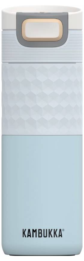 Eine hellblaue Kambukka-Wasserflasche mit strukturiertem Griff und grauem Deckel, konzipiert für Mobilität und auslaufsicheres Trinken.