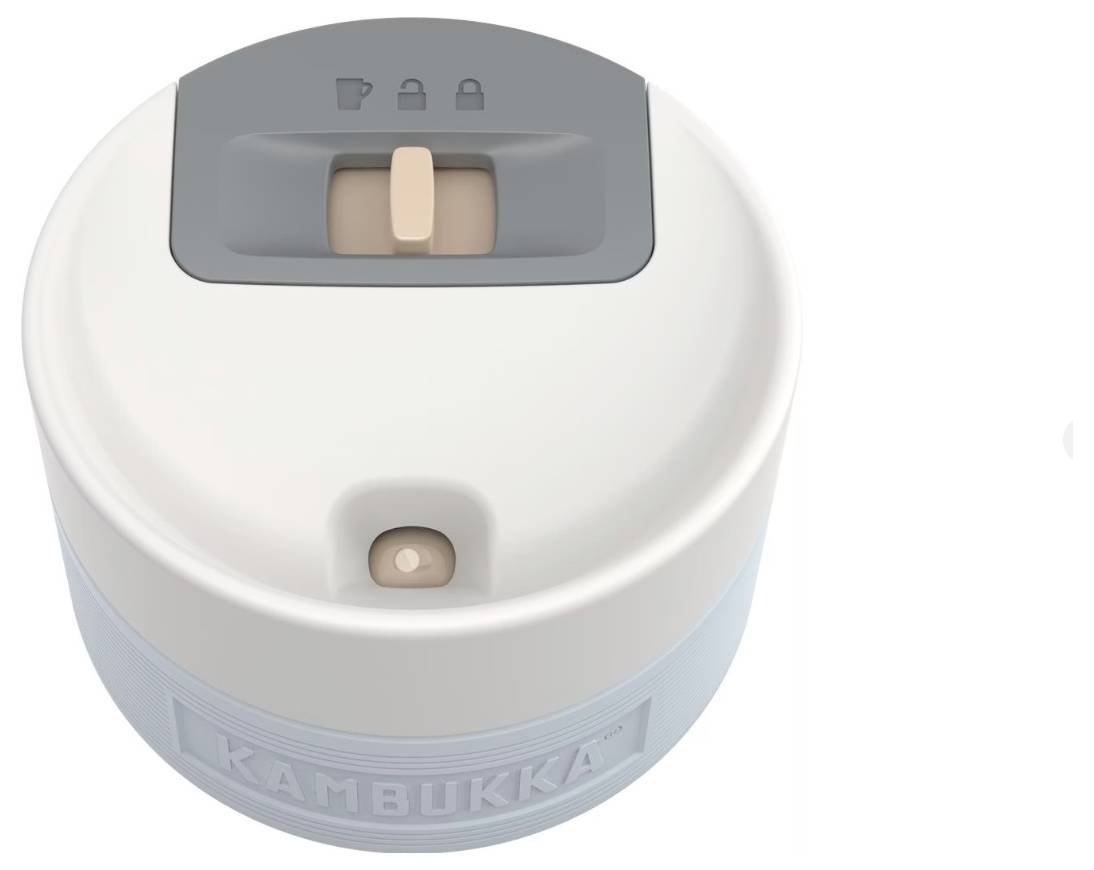 Kambukka-Deckel mit Schiebesperre und Bechersymbolen, entworfen für eine Wasserflasche, zeigt offene und geschlossene Position.