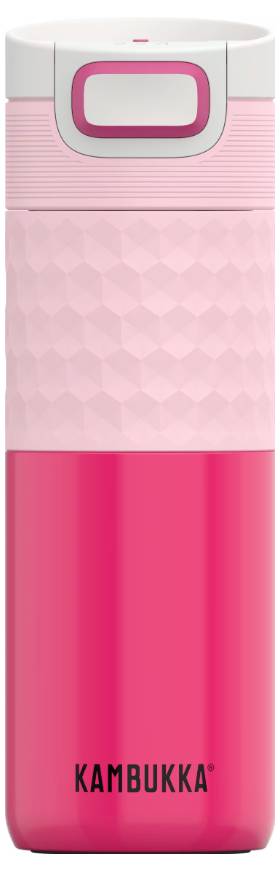 Eine rosa und rot isolierte Kambukka-Flasche mit strukturiertem Griff und Drehverschluss, entwickelt für heiße und kalte Getränke.