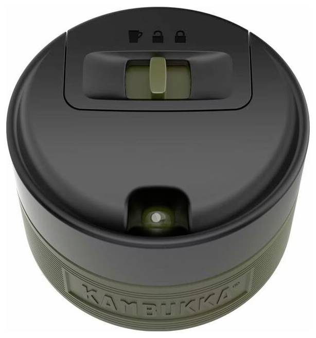 Ein schwarzer und grüner isolierter Flaschendeckel von Kambukka mit einem Schiebeverschlussmechanismus und drei Symbolen, die unterschiedliche Einstellungen anzeigen.