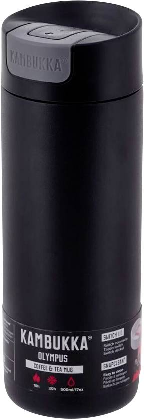 Eine schwarze Kambukka Olympus Thermoskanne für Kaffee und Tee, mit einem sicheren Deckel und gekennzeichnet mit Branding und Produktdetails.