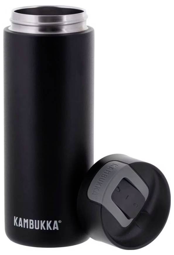 Eine schwarze Kambukka Isolier-Thermoskanne mit daneben platziertem Deckel, entworfen, um Getränke heiß oder kalt zu halten.