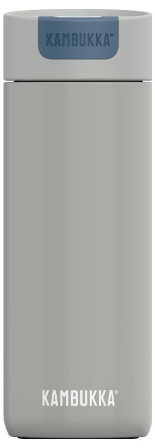 Ein grauer Kambukka-Reisebecher mit einem blauen Logo auf dem Deckel, konzipiert für heiße oder kalte Getränke.
