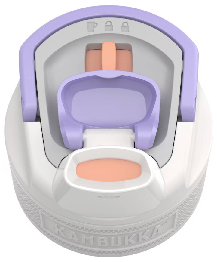A close-up of a tumbler lid with a three-mode slider in orange and purple, designed for easy opening, closing, and locking.