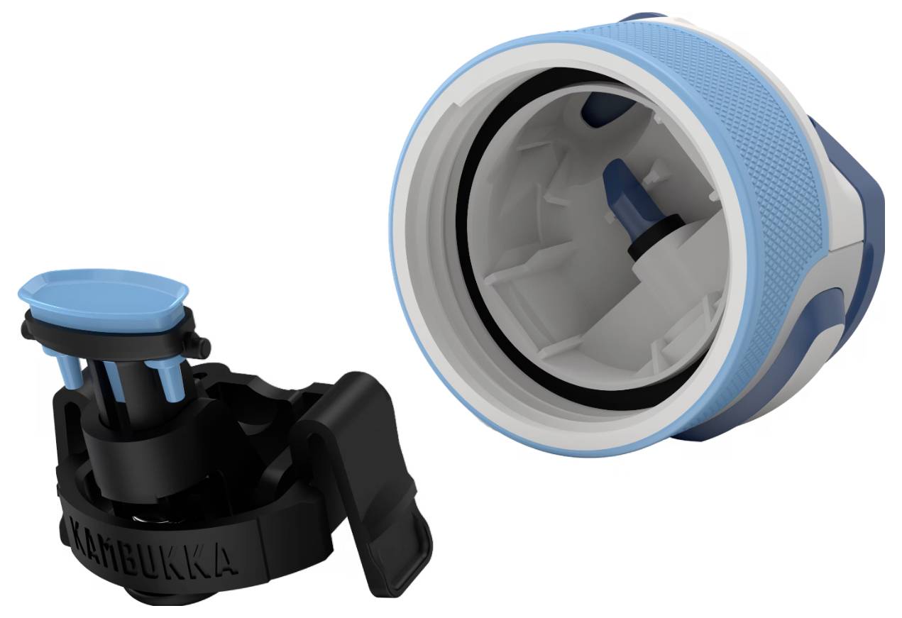 Zwei Teile einer Trinkflasche: eine blau-weiße Kappe und ein separater schwarz-blauer Verschlussmechanismus von Kambukka.