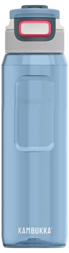 Eine blaue Kambukka-Trinkflasche mit Druckknopfdeckel und transparentem Behälter, der die Flüssigkeitsmenge anzeigt.