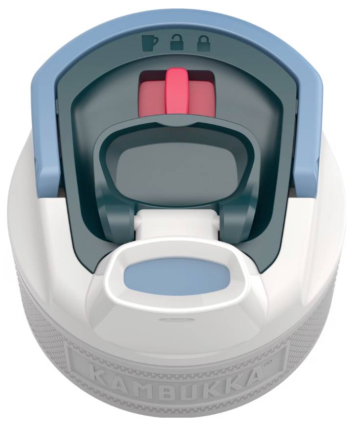 Eine Nahaufnahme eines Flaschendeckels mit integriertem, leicht zu bedienendem Druckknopf, Sicherheitsverriegelung und Trinkauslauf.