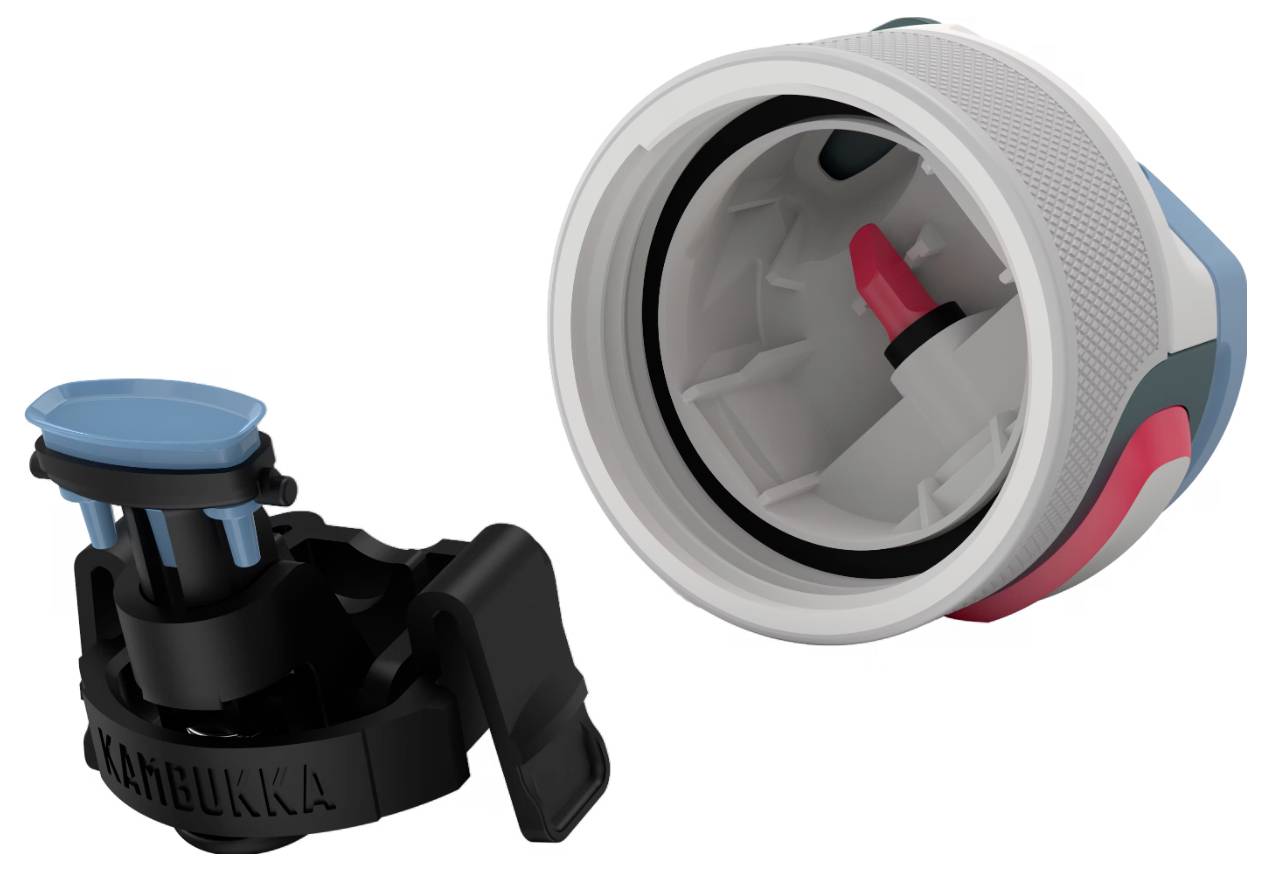 Ein Wasserflaschenverschluss verfügt über einen komplizierten Verschlussmechanismus und eine separate abnehmbare Kappe, die sein sicheres und funktionales Design unterstreichen.