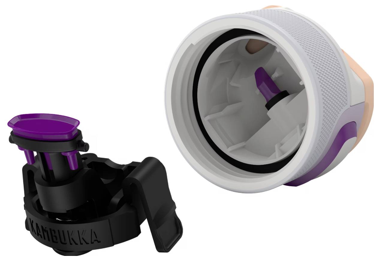 Bild zeigt einen zerlegten Thermoskannenverschluss mit einer schwarzen und violetten Schnauzenkomponente neben einer weiß-orangefarbenen Kappe.