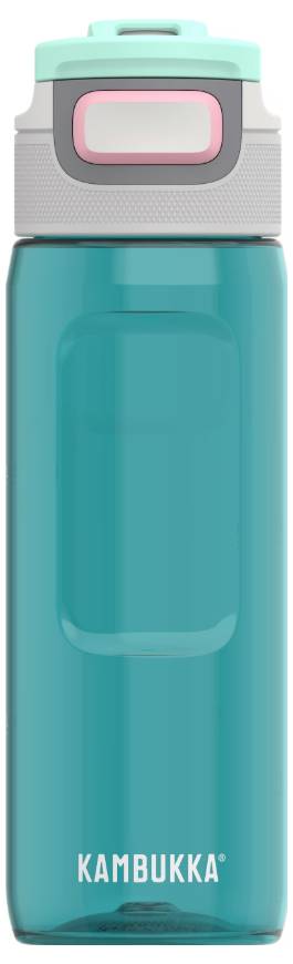Eine türkisfarbene Kambukka-Wasserflasche mit grauem Deckel, ausgestattet mit einem rosafarbenen Druckknopf, konzipiert für einfaches Tragen und Trinken.