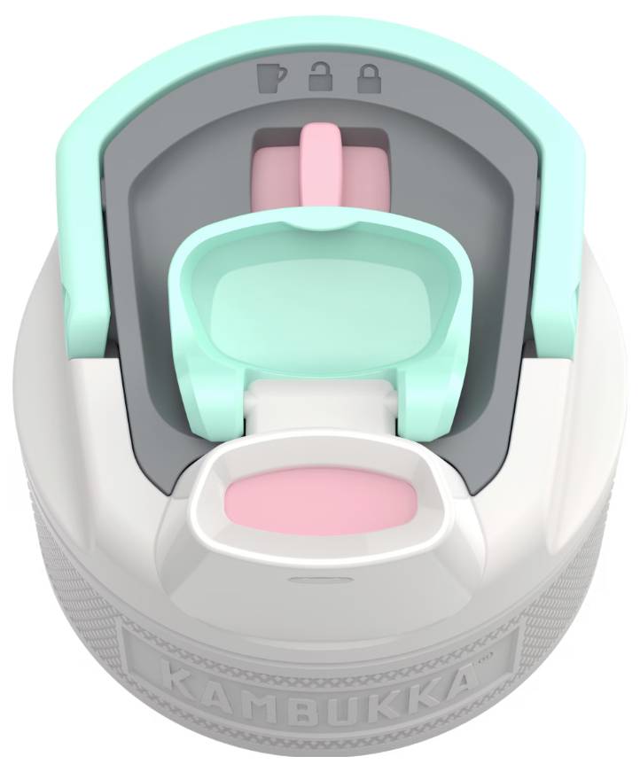 Kambukka-Flaschendeckel mit einem Dual-Trinkmechanismus in Türkis und Rosa und Verschlusssymbolen für verschiedene Modi. Draufsicht zur Visualisierung der Funktionalität.