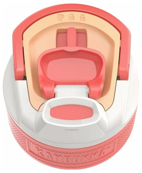 Eine rosa und weiße Verschlusskappe mit einer geschlossenen Trinköffnung und einer strukturierten Oberfläche, die mit 