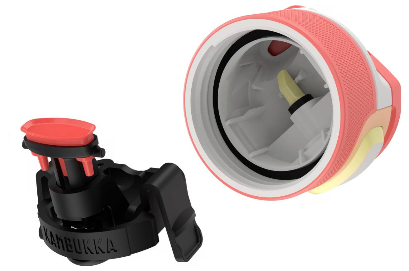 Ein Nahaufnahmebild eines Wasserflaschendeckels, das seinen detaillierten Verschlussmechanismus und seine Komponenten zeigt, mit einem roten Außenteil und verschiedenen Innenteilen.