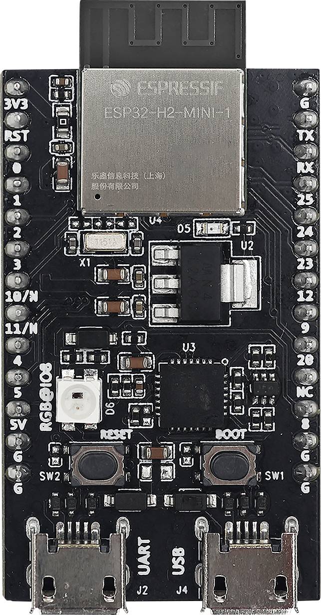 Mikrocontroller-Board mit ESP32-H2-MINI-1-Modul, USB-Anschlüssen und beschrifteten Pins für verschiedene Ein-/Ausgabefunktionen.