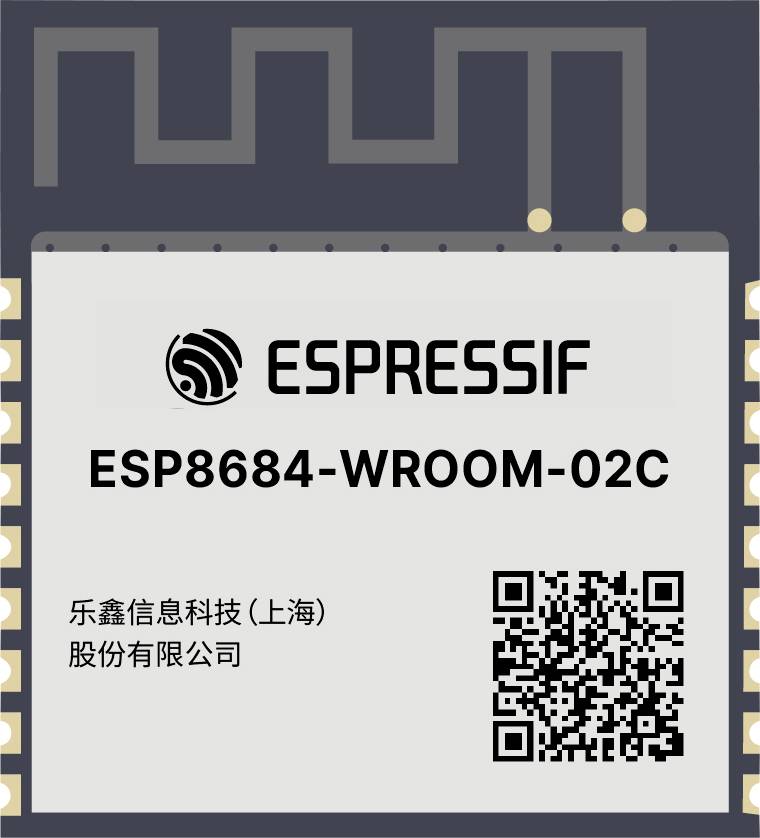 Ein Mikrochip mit der Bezeichnung 'ESPRESSIF ESP8684-WROOM-02C' mit Unternehmensdetails. Ein QR-Code ist unten rechts sichtbar.