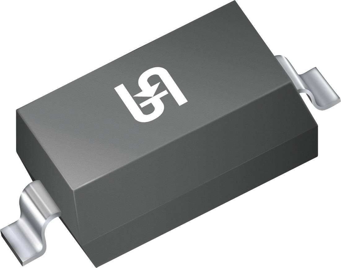 Eine rechteckige elektronische Komponente mit Metallkontakten auf beiden Seiten, die ein gedrucktes weißes Logo aufweist, das einem verschlungenen 