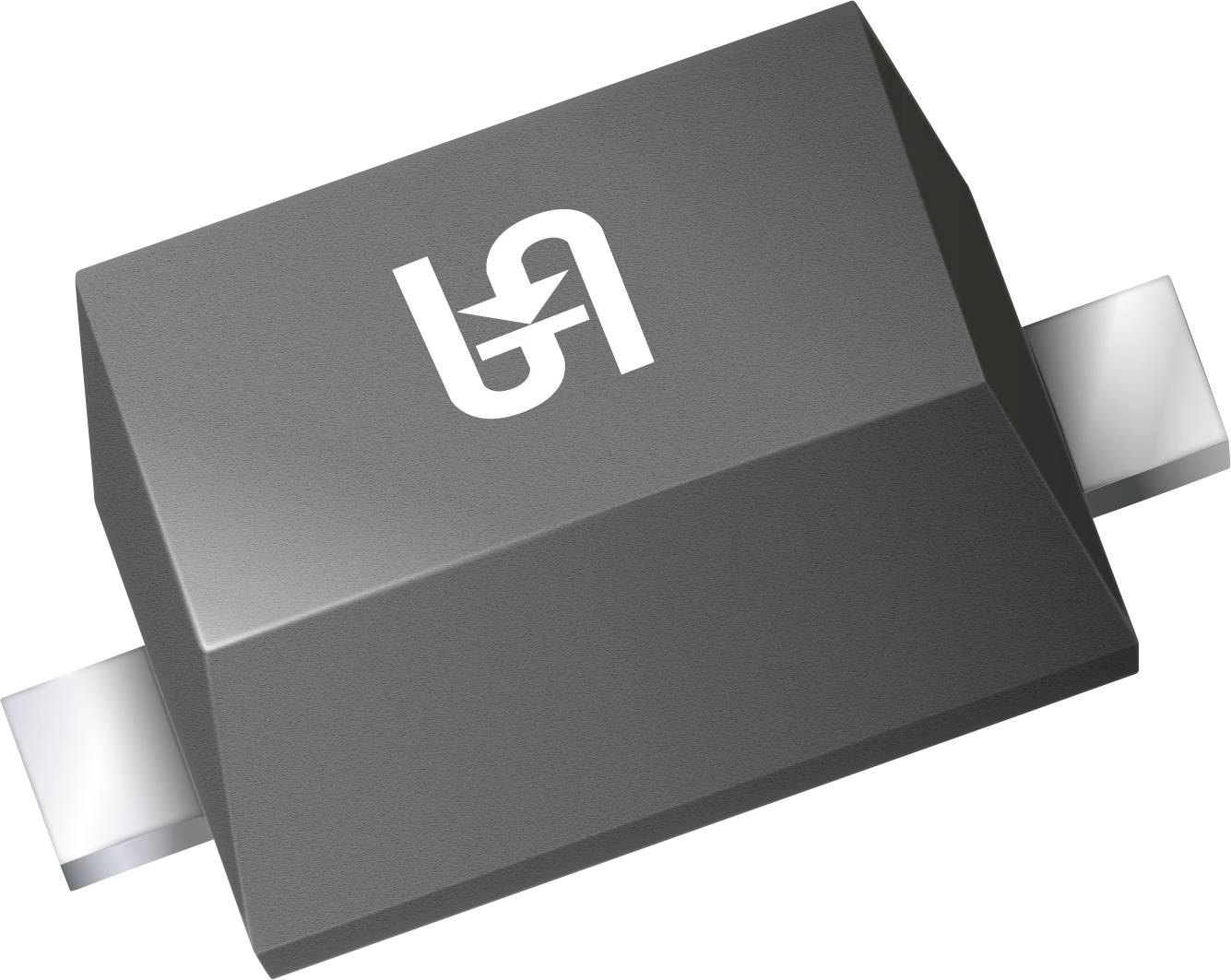 Eine schwarze elektronische Komponente mit einem Logo oben, die auf jeder Seite zwei metallische Anschlüsse aufweist und typischerweise auf Leiterplatten verwendet wird.