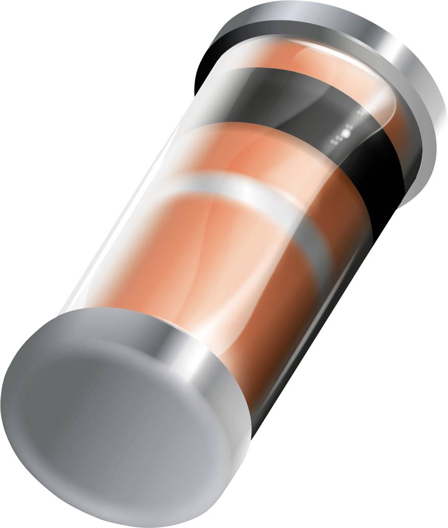 Eine 3D-Illustration einer zylindrischen elektronischen Komponente mit einem orangen Band und silbernen Enden, die einer Diode oder einem Kondensator ähnelt.