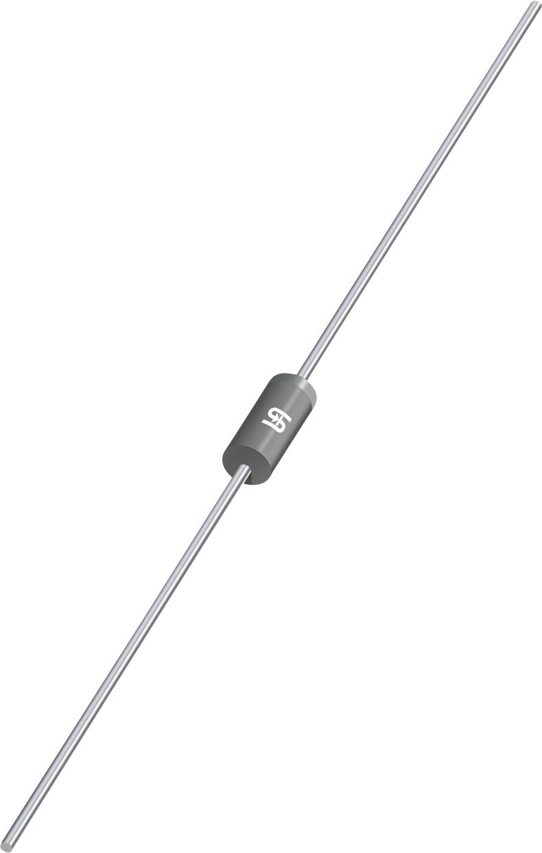 Eine Diode mit einem zylindrischen Gehäuse und zwei langen Metalldrähten, die sich von jedem Ende erstrecken, wird in elektronischen Schaltkreisen zur Steuerung des Stromflusses verwendet.