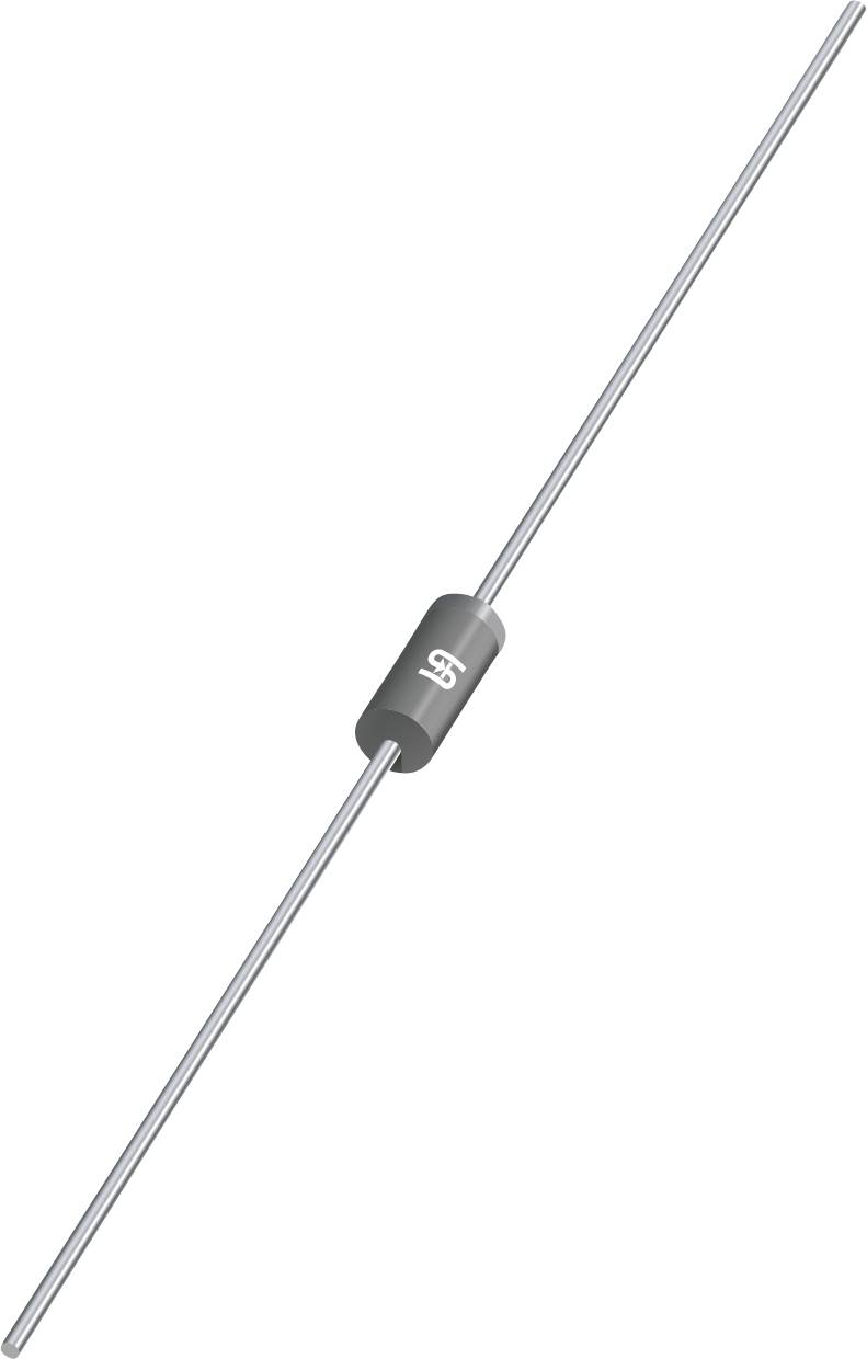 Eine graue Diode mit zwei Metallanschlüssen, die sich von jedem Ende erstrecken, wird in elektronischen Schaltungen verwendet, um Strom nur in eine Richtung fließen zu lassen.