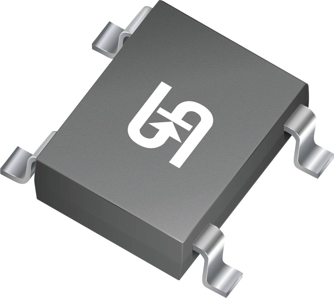 Ein kleines, rechteckiges, graues elektronisches Bauteil mit jeweils drei Metallkontakten auf jeder Seite, auf dessen Oberseite ein weißes Logo angebracht ist.