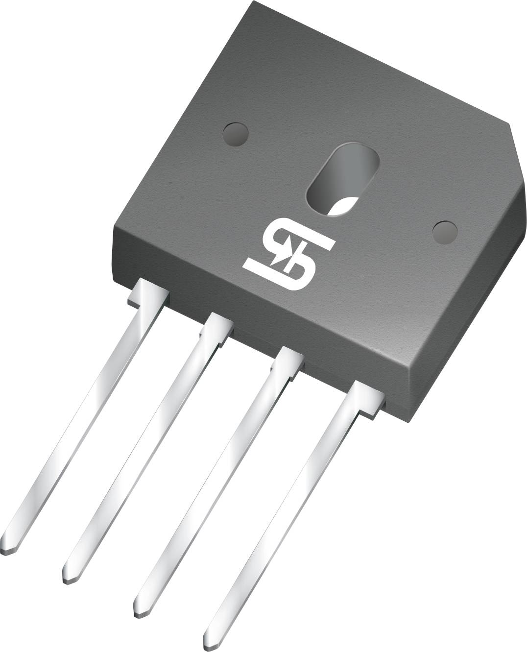 Eine elektronische Komponente mit vier Anschlüssen, rechteckigem schwarzem Gehäuse und metallischen Beinen, wahrscheinlich eine Brückengleichrichter, die in der Elektronik verwendet wird.