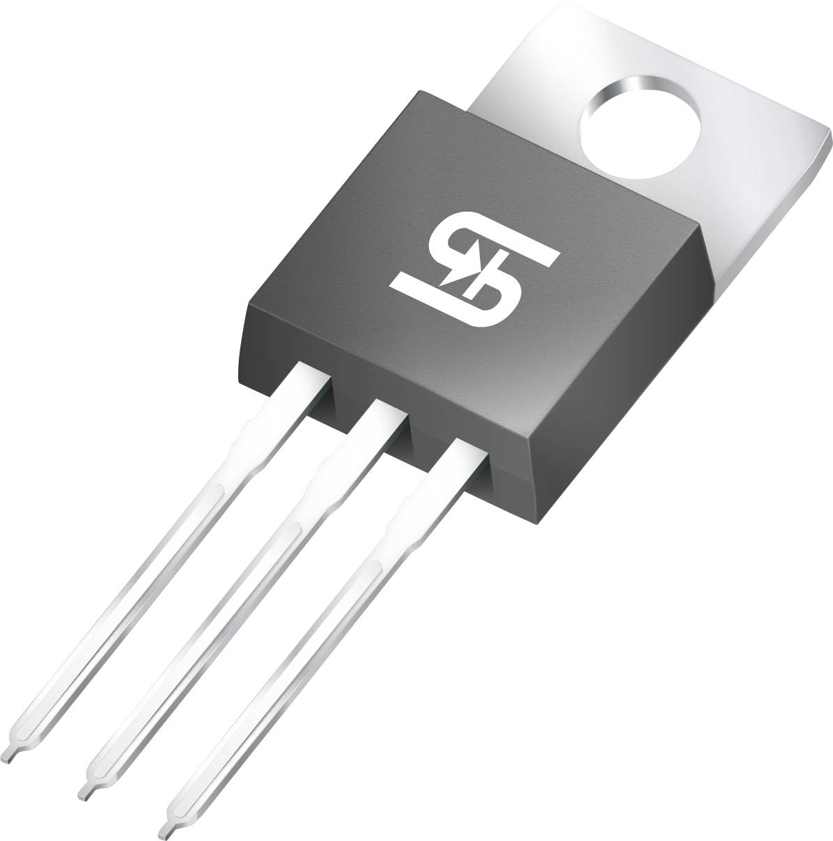 Ein schwarzer, dreibeiniger elektronischer Transistor mit silberner Oberseite und Logo, häufig in elektronischen Schaltungen zum Schalten und Verstärken verwendet.