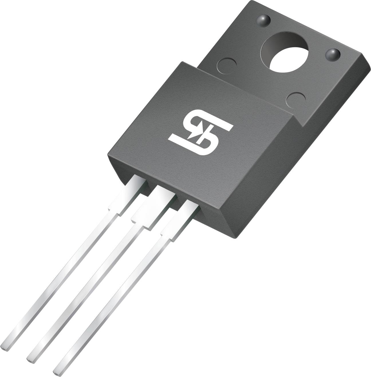 Ein schwarz-grauer Transistor mit drei metallischen Anschlüssen und einem Loch zur Befestigung.