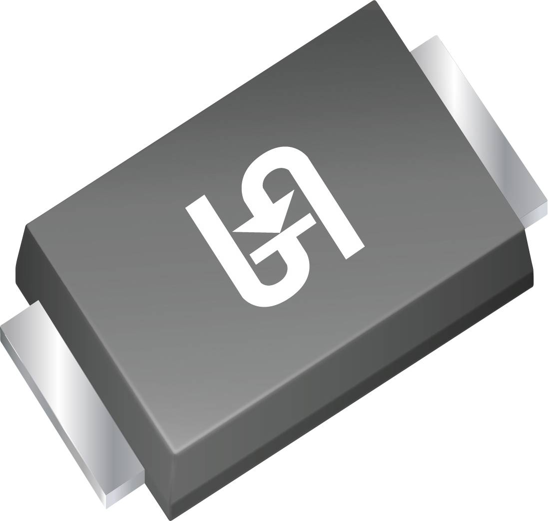 Eine schwarze oberflächenmontierte Diode mit silbernen Anschlüssen und einem weißen Symbol auf der Oberseite, das ihre elektronische Funktion oder den Hersteller anzeigt.