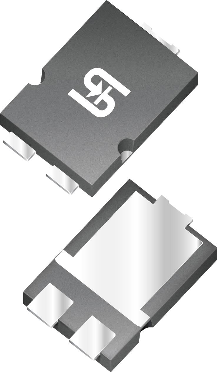 Eine dreiterminalige elektronische Komponente, grau mit weißem Logo, von oben und unten gezeigt.