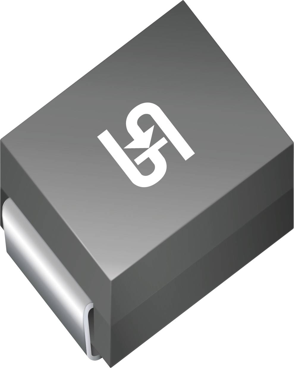 Eine graue, rechteckige elektronische Komponente mit einem Symbol auf der Oberseite, das einem stilisierten 