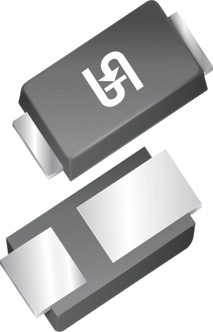 Ein Diodengehäuse mit einem Logo auf der Oberseite, das zwei silberne Anschlüsse an gegenüberliegenden Enden aufweist und zum Oberflächenmontieren auf einer Leiterplatte ausgelegt ist.