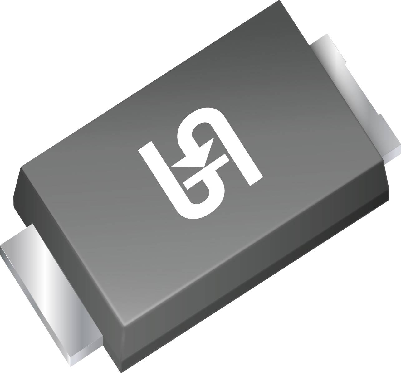 'AJ'-Diode, rechteckig mit grauem Gehäuse und metallischen Enden, mit weißem Logo oben.