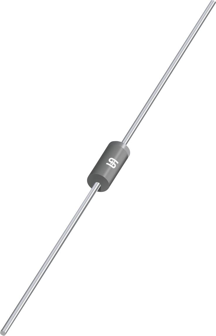 Ein kleiner axial bestückter Diode mit schwarzem zylindrischem Gehäuse und silbernen Drähten, die von beiden Enden abstehen.