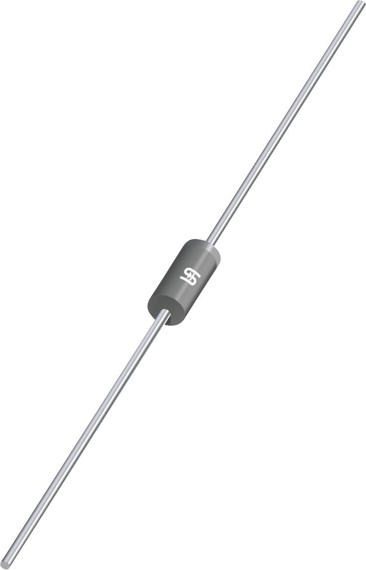 Eine Diode mit Metallleitungen an beiden Enden und einem schwarzen zylindrischen Gehäuse mit einem weißen rechteckigen Symbol.