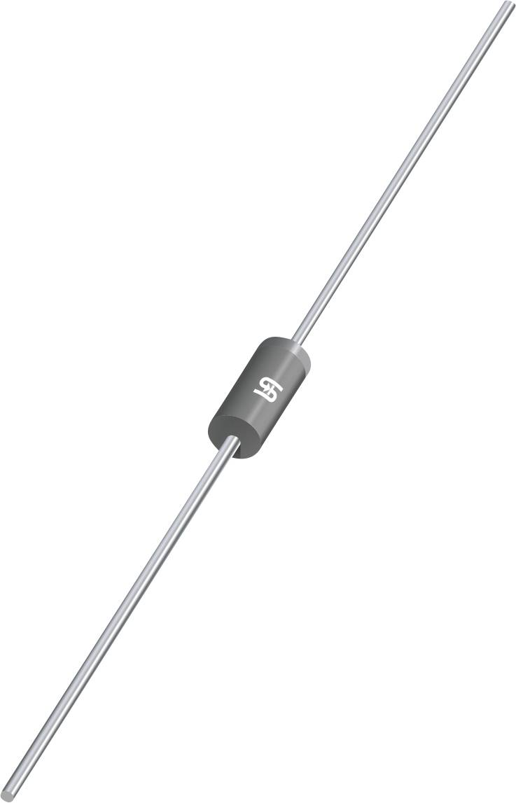 Ein kleines, zylindrisches elektronisches Dioden-Bauelement mit silbernen Anschlussdrähten auf beiden Seiten, das ein weißes „SS