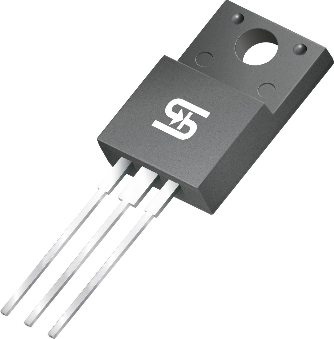 Eine dreipolige elektronische Komponente, wahrscheinlich ein Transistor oder Spannungsregler, mit einem Loch zur Befestigung und einem Logo auf der Oberfläche.
