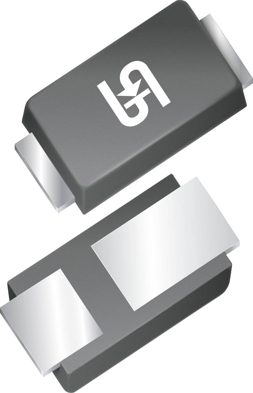 Eine 3D-Darstellung von zwei schwarzen, rechteckigen elektronischen Komponenten mit metallischen Anschlüssen, die ein weißes Logo ähnlich einem stilisierten 