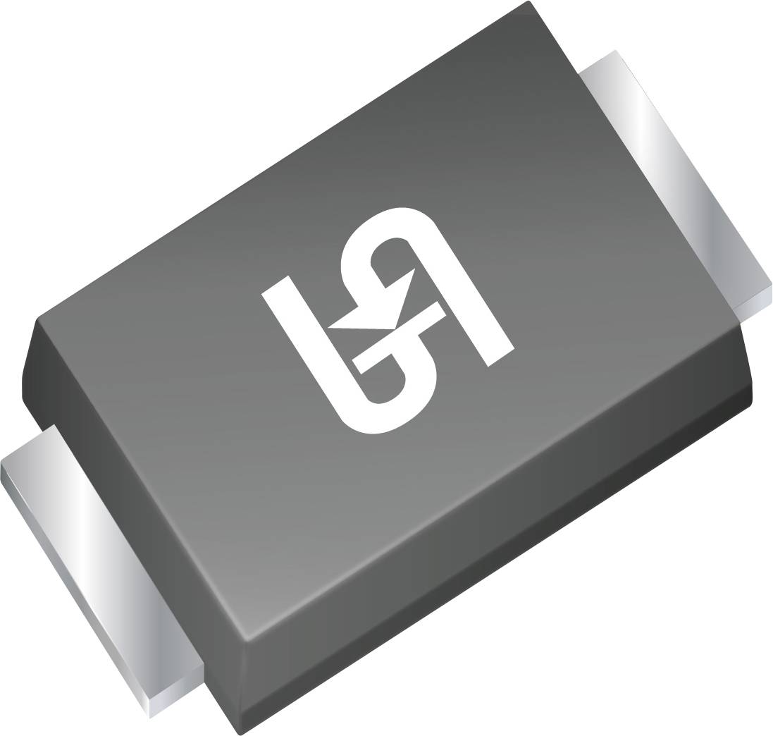 Eine schwarze rechteckige elektronische Komponente mit metallischen Anschlüssen an jedem Ende und einem weißen Logo, das einem 'U' und 'A' ähnelt, oben.