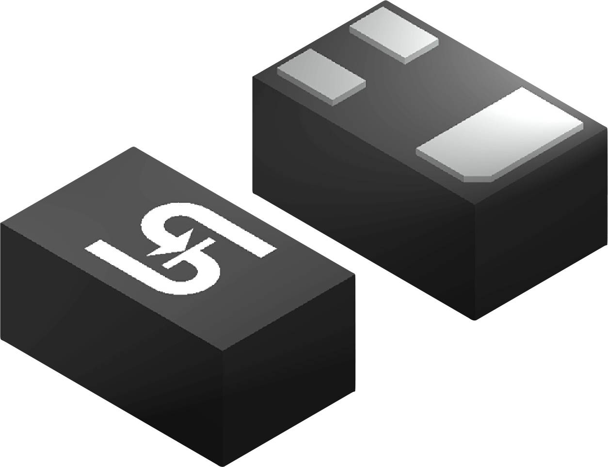 TVS-Diode im SMD-Gehäuse mit einer dualen rechteckigen schwarzen Komponente mit weißen Markierungen und metallischen Anschlüssen auf der Oberseite.