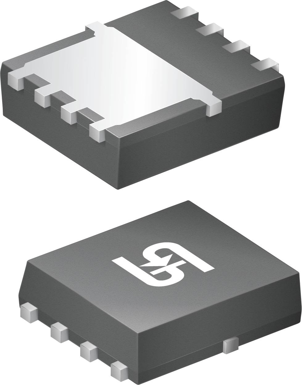 Ein schwarzer Mikrochip mit einem weißen Logo oben, mit metallischen Anschlüssen, die sich von seinen Seiten erstrecken, vor einem einfachen Hintergrund.