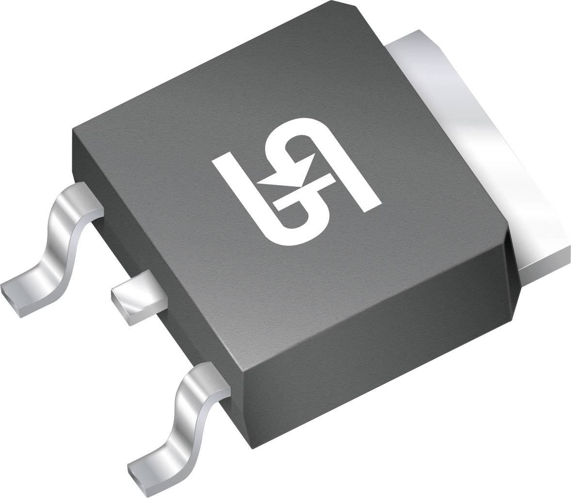 Oberflächenmontagediode mit auf der Oberseite aufgedrucktem Symbol, mit drei Metallkontakten zur Integration in elektronische Schaltkreise.